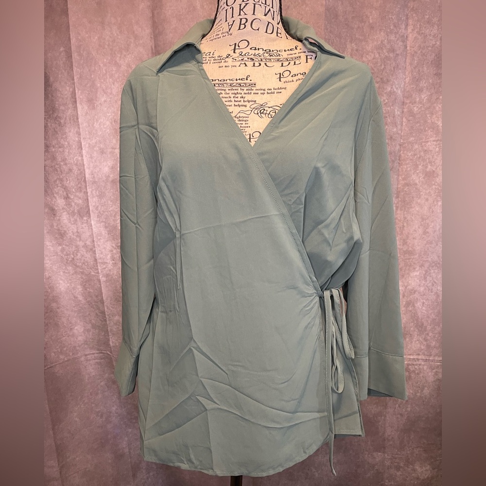 Montgomery Post Elegant Wrap Blouse in Sage Green. Stitch Fix